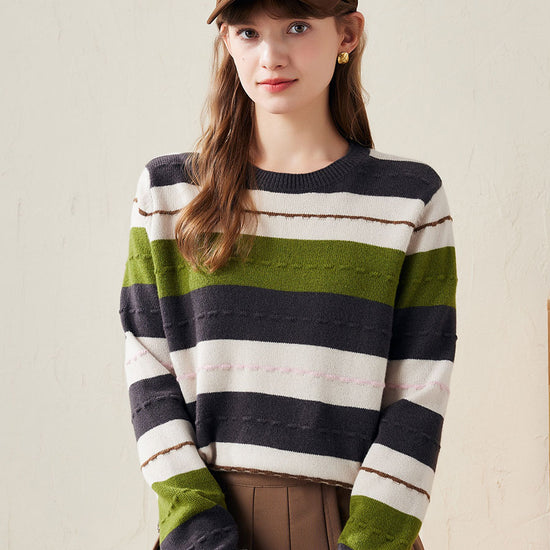 COMOBOCA Olive Green 100% Wool Women's Cozy Striped Knit Sweater