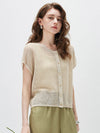 COMOBOCA Women's Openwork Mesh Knit Button Front Top