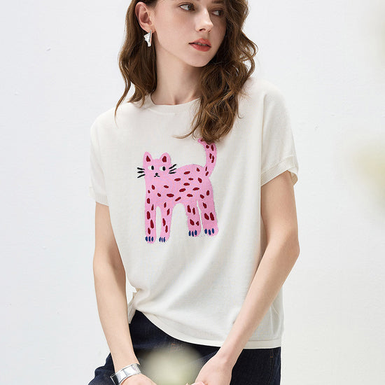 COMOBOCA Women's Leopard Cat Embroidered Knit T-Shirt