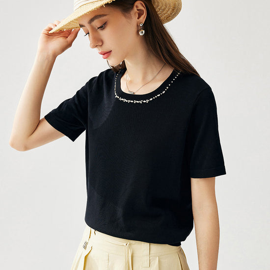 COMOBOCA Black Women's Cotton Silk Jeweled Neckline T-Shirt