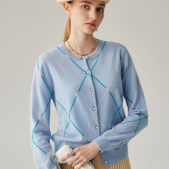 COMOBOCA 100% Cashmere Women's Diamond Patterned Pearl Button Cardigan