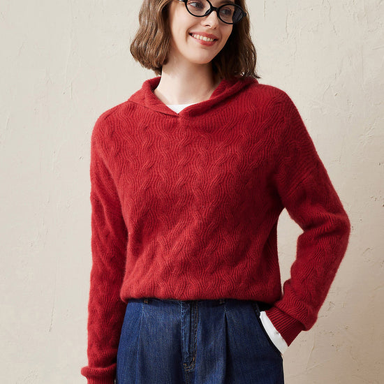COMOBOCA Red 100% Cashmere Women's Cable Knit Hooded Sweater