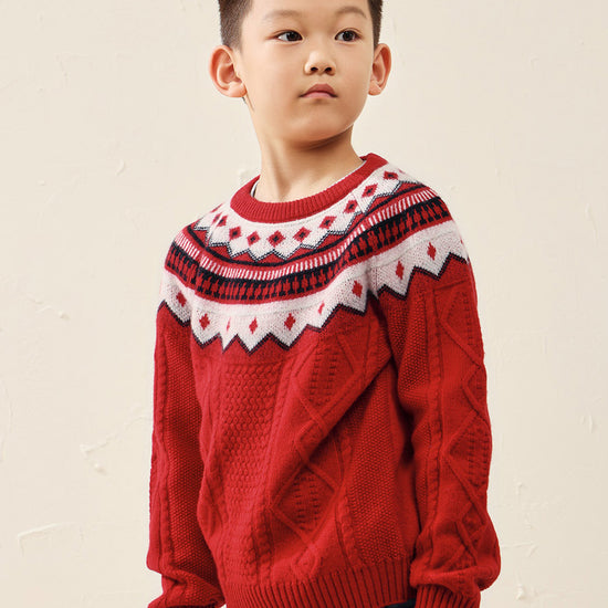 COMOBOCA Red 100% Wool Kids' Vintage Fair Isle Knit Sweater