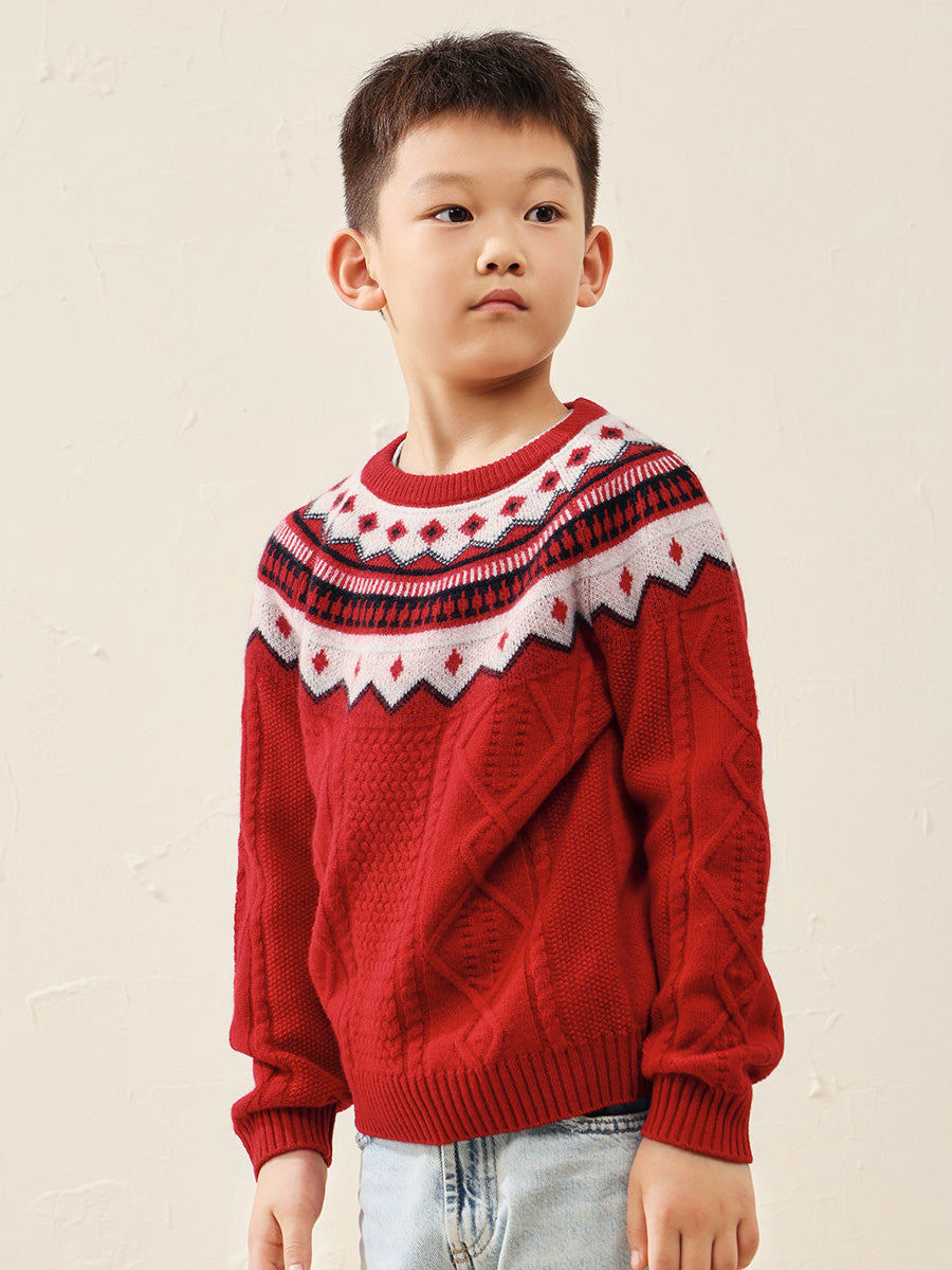 COMOBOCA Red 100% Wool Kids' Vintage Fair Isle Knit Sweater