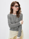 COMOBOCA Women's Striped Mesh Knit Round Neck Sweater