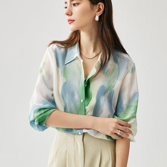 COMOBOCA 100% Mulberry Silk Women's Watercolor Print Shirt