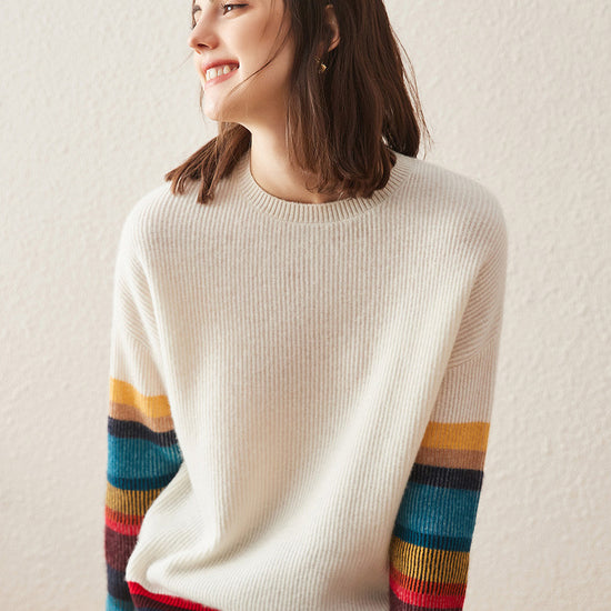 COMOBOCA L White 100% Cashmere Women's Striped Round Neck Sweater