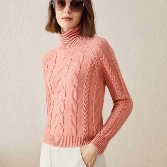 COMOBOCA 100% Cashmere Women's Turtleneck Cable Knit Sweater