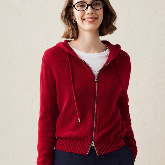 COMOBOCA Red 100% Cashmere Women's Knit Zip Cardigan Hoodie