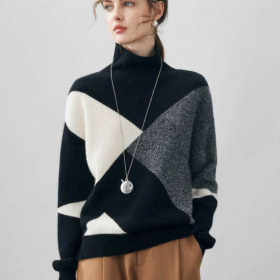 COMOBOCA Geometric 100% Cashmere Women's Geometric Turtleneck Sweater