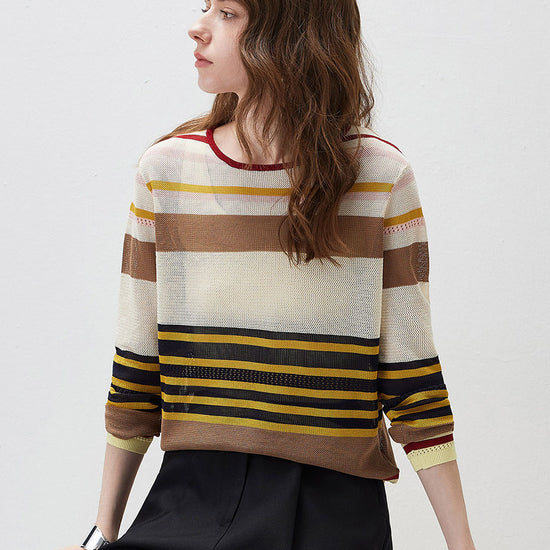 COMOBOCA Women's Multi Striped Mesh Knit Round Neck Sweater