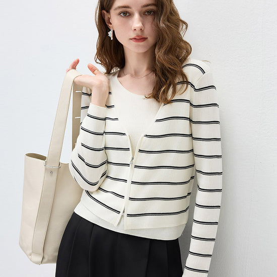 COMOBOCA Women's Striped Ribbed Knit Faux 2-in-1 Zip Cardigan