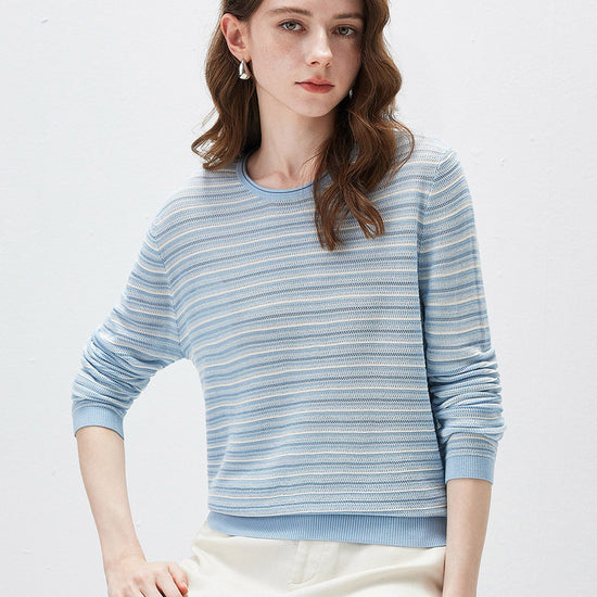 COMOBOCA Women's Striped Mesh Knit Round Neck Sweater
