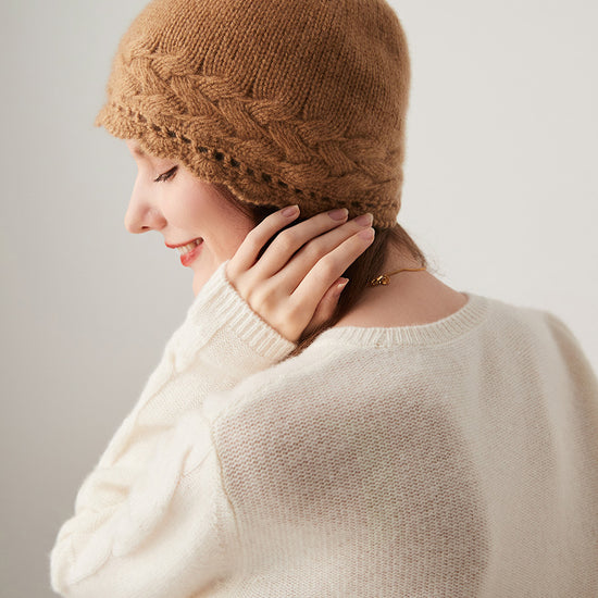 COMOBOCA 100% Cashmere Women's Crochet Trim Cable Knit Beanie