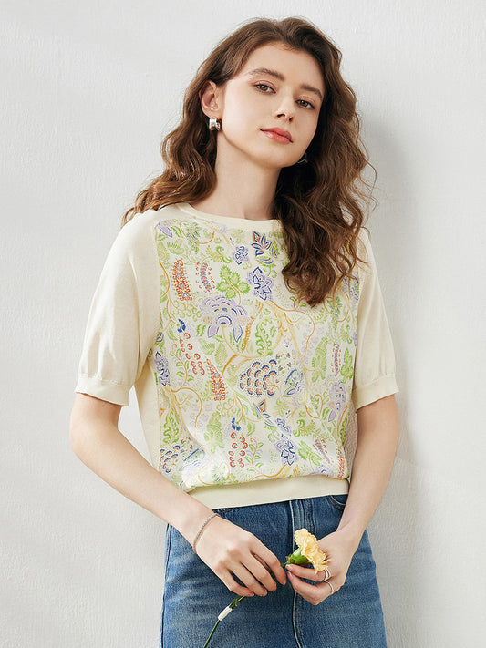 COMOBOCA Women's Floral Embroidered T-Shirt