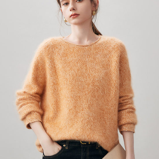 COMOBOCA Orange 100% Wool Women's Fuzzy Round Neck Sweater