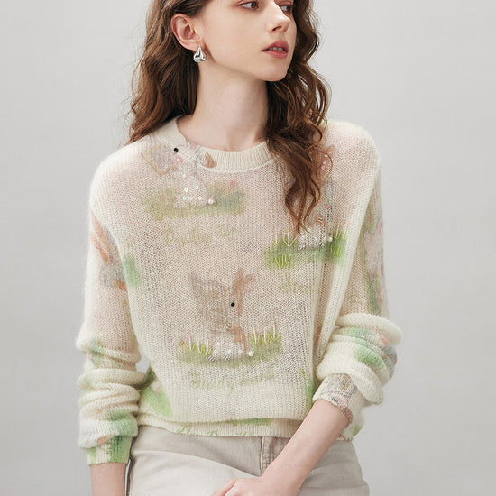 COMOBOCA Women's Bunny Printed Round Neck Sweater