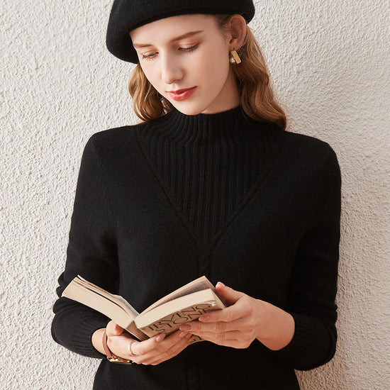 COMOBOCA 100% Cashmere Mock Neck Ribbed Knit Sweater