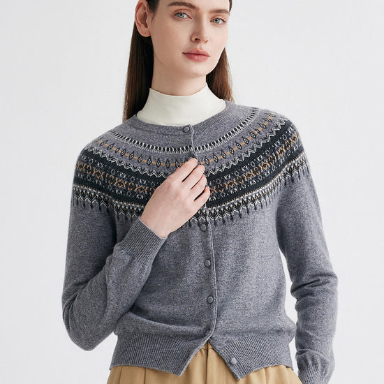 COMOBOCA Gray 100% Cashmere Women's Fair Isle Cardigan Sweater
