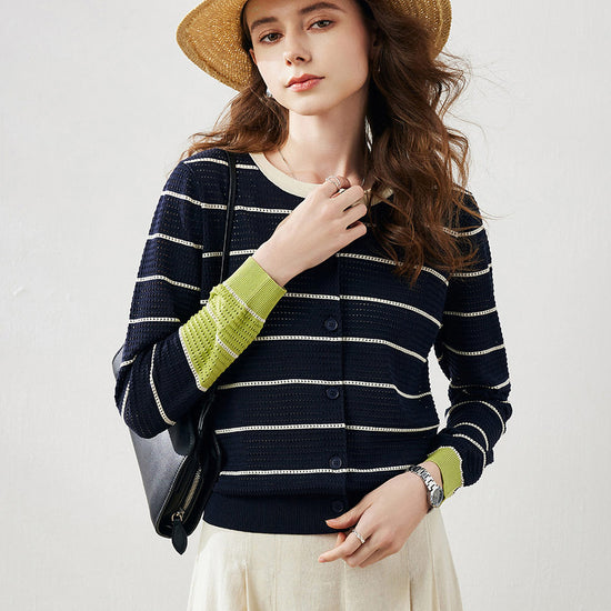 COMOBOCA Women's Striped Ribbed Button Down Cardigan