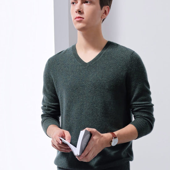 COMOBOCA DARK GREEN 100% Cashmere Men's V-Neck Sweater