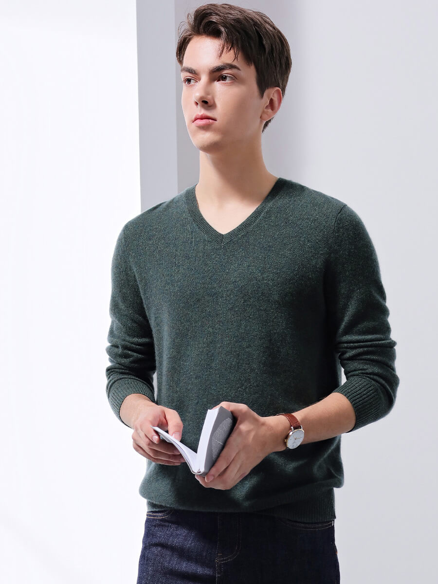 COMOBOCA DARK GREEN 100% Cashmere Men's V-Neck Sweater