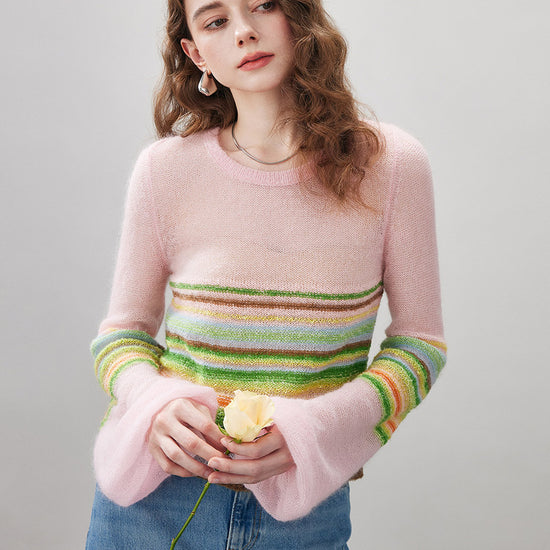 COMOBOCA Striped Women's Rainbow Striped Flared Sleeve Sweater