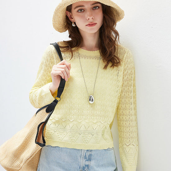 COMOBOCA Light Yellow Women's Openwork Round Neck Knit Sweater