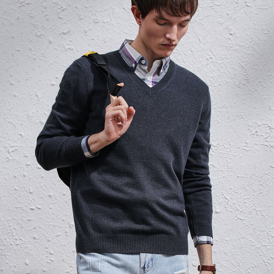 COMOBOCA DARK GREY 100% Cashmere Men's V-Neck Sweater