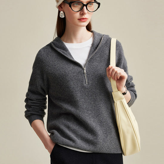 COMOBOCA Gray 100% Cashmere Women's Zip-Up Ribbed Hoodie
