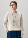 COMOBOCA White 100% Cashmere Women's Openwork Knit Round Neck Sweater