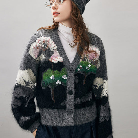 COMOBOCA Women's Landscape Patterned Knit Cardigan
