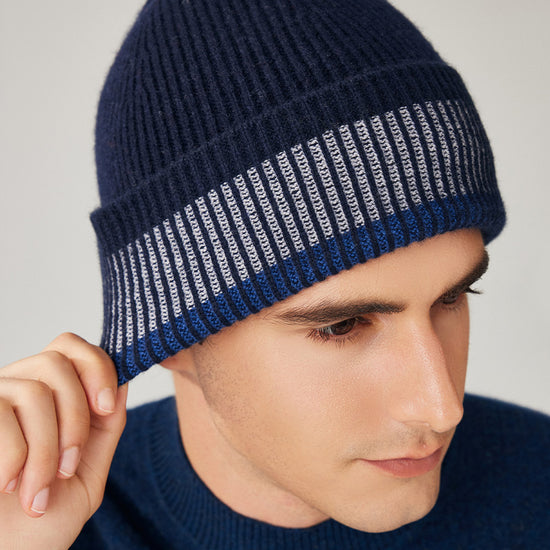 COMOBOCA 100% Wool Men's Striped Ribbed Knit Beanie