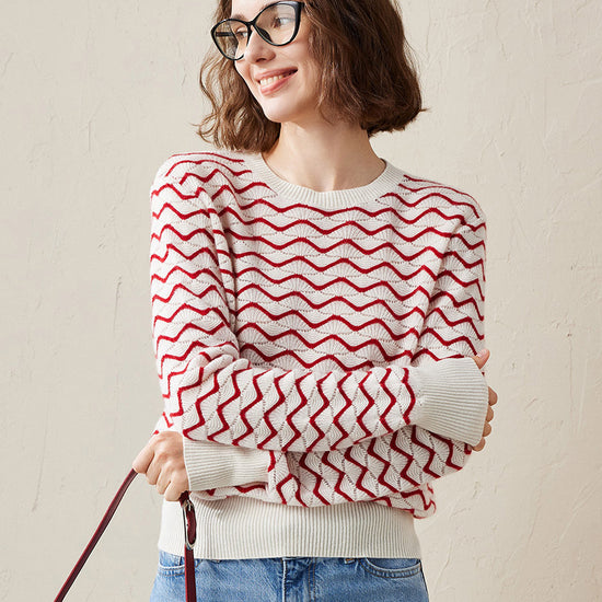 COMOBOCA Red 100% Cashmere Women's Wave Pattern Knit Sweater