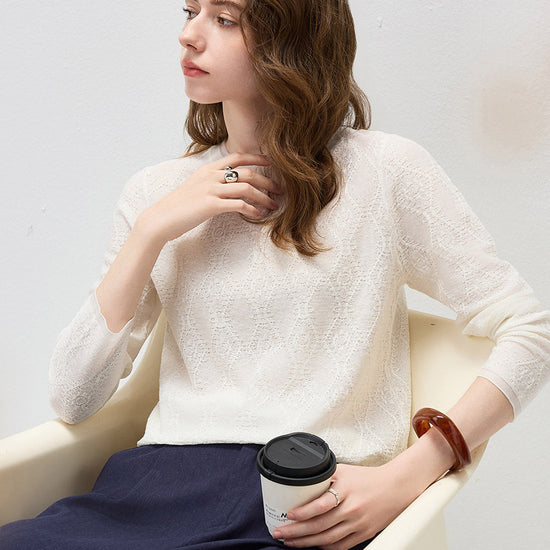 COMOBOCA Women's Textured Sheer Knit Round Neck Sweater