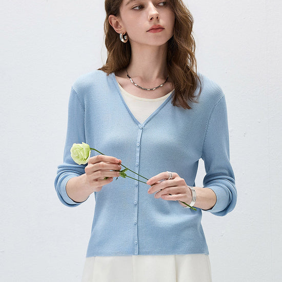 COMOBOCA Women's Ribbed Knit V-Neck Faux Cardigan