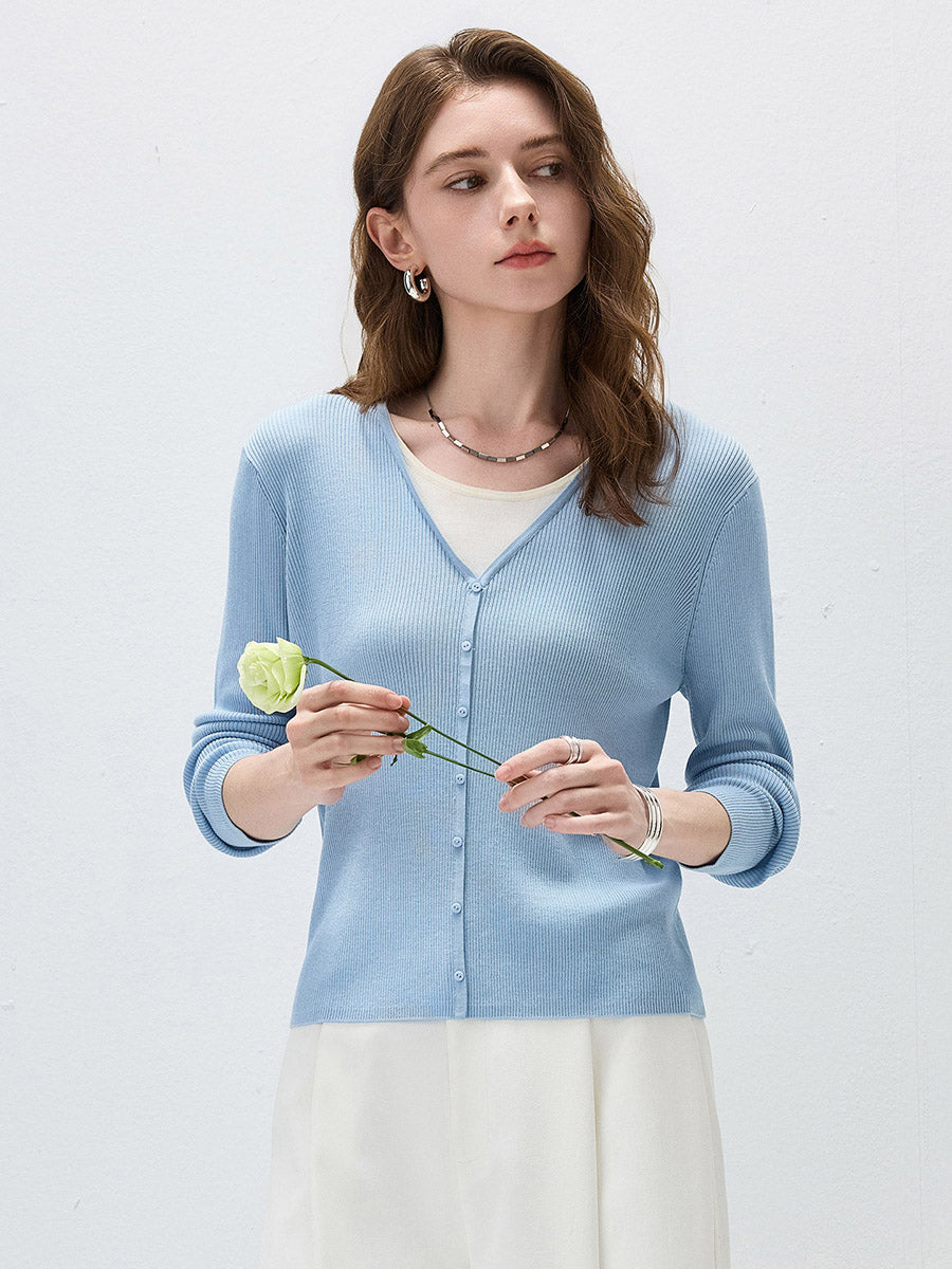 COMOBOCA Women's Ribbed Knit V-Neck Faux Cardigan