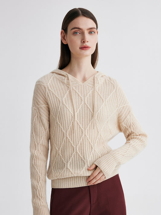 COMOBOCA 100% Cashmere Women's Cable Knit Hoodie