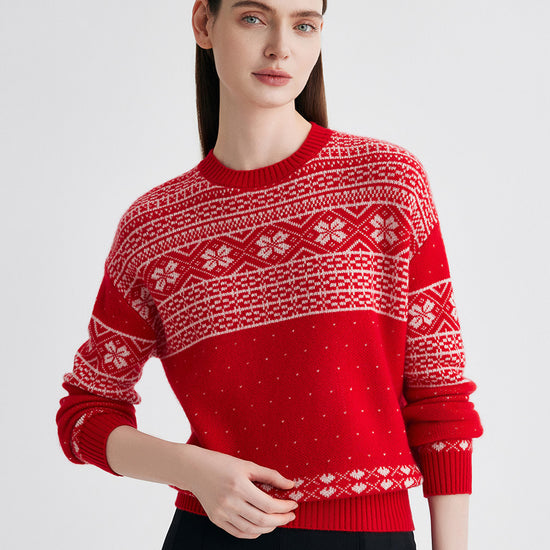 COMOBOCA Red 100% Cashmere Women's Fair Isle Snowflake Sweater