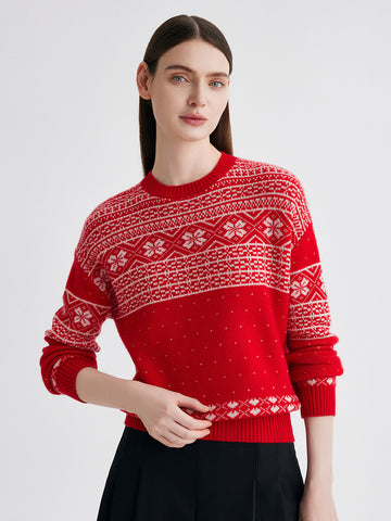 COMOBOCA Red 100% Cashmere Women's Fair Isle Snowflake Sweater