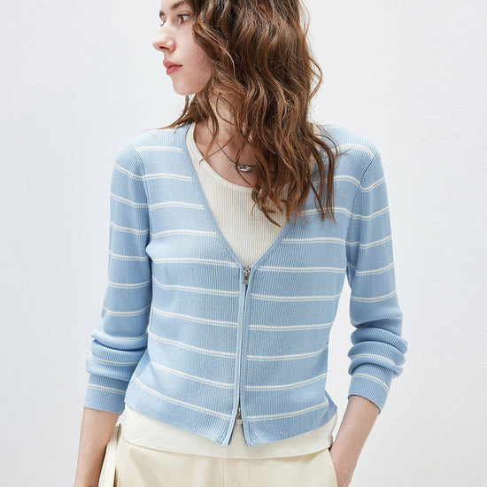 COMOBOCA Women's Striped Ribbed Knit Faux 2-in-1 Zip Cardigan