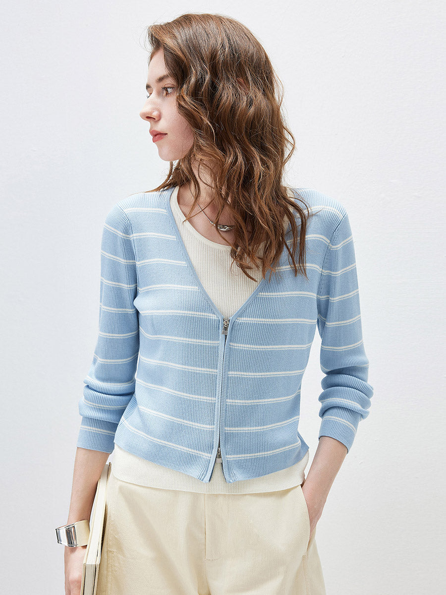 COMOBOCA Women's Striped Ribbed Knit Faux 2-in-1 Zip Cardigan