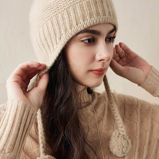 COMOBOCA 100% Cashmere Women's Ear Flap Beanie with Pom-Poms