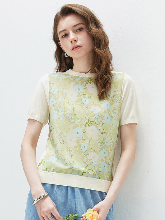 COMOBOCA Women's Mixed Print Short Sleeve Knit Top