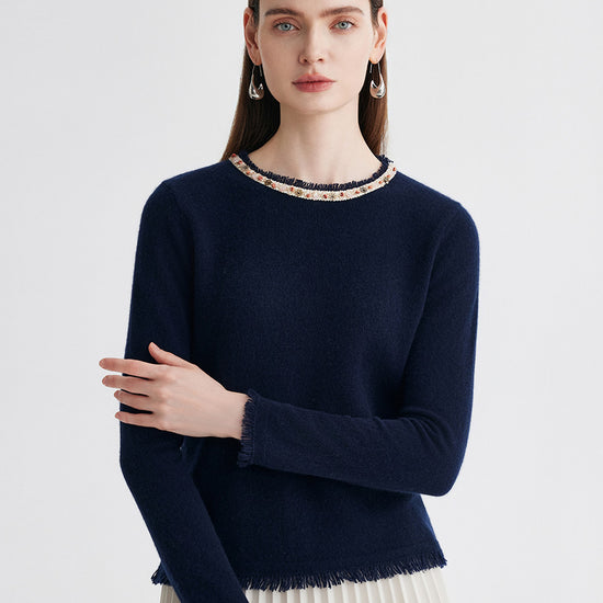 COMOBOCA 100% Cashmere Women's Fringed Hem Floral Sweater