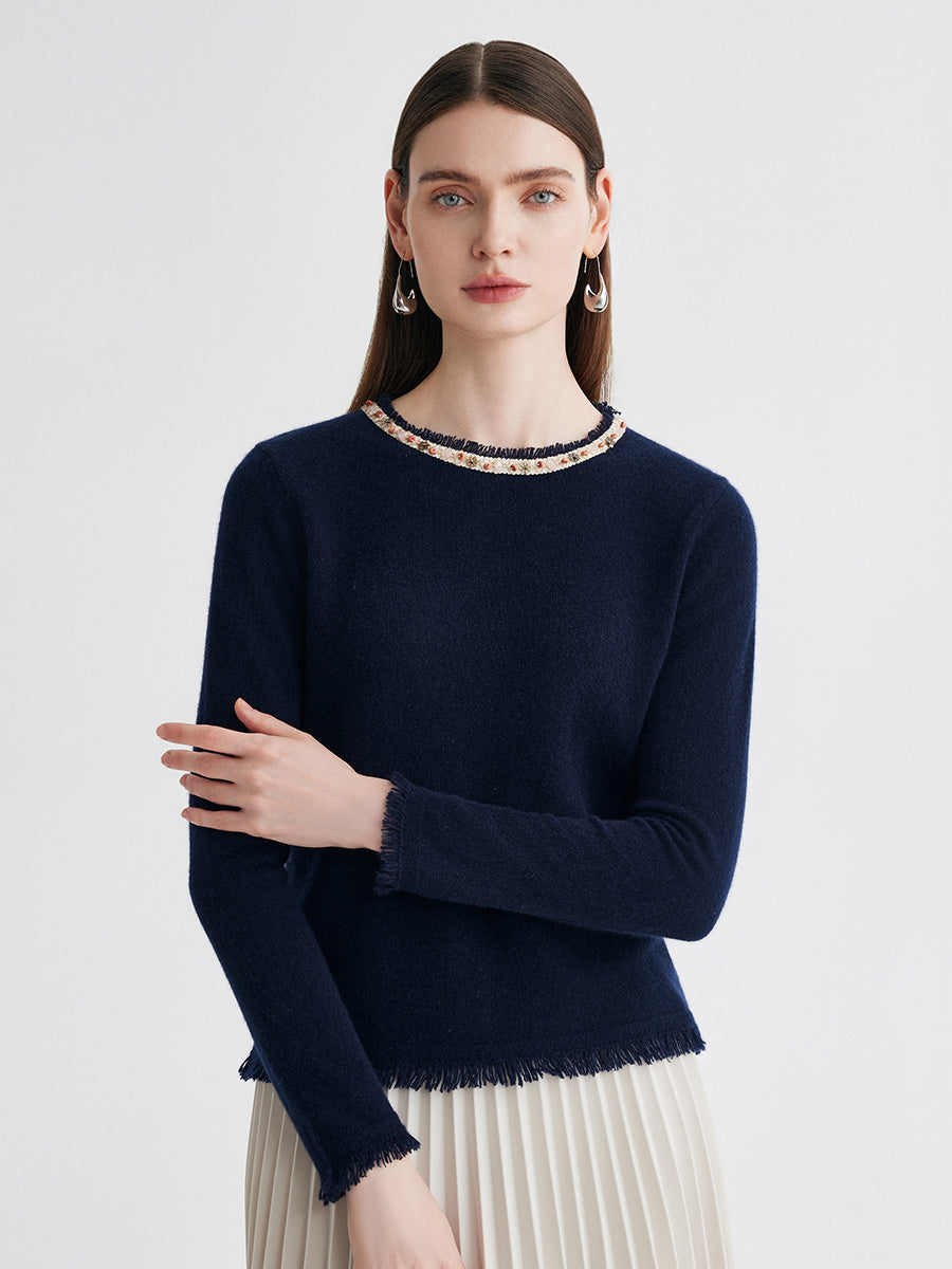 COMOBOCA 100% Cashmere Women's Fringed Hem Floral Sweater