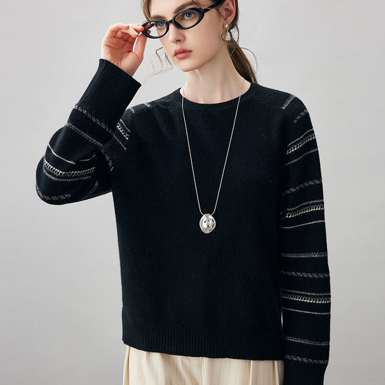 COMOBOCA 100% Cashmere Women's Striped Sleeve Round Neck Sweater