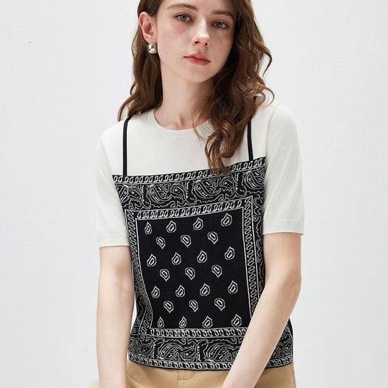COMOBOCA Women's 2-in-1 Bandana Print Knit Top