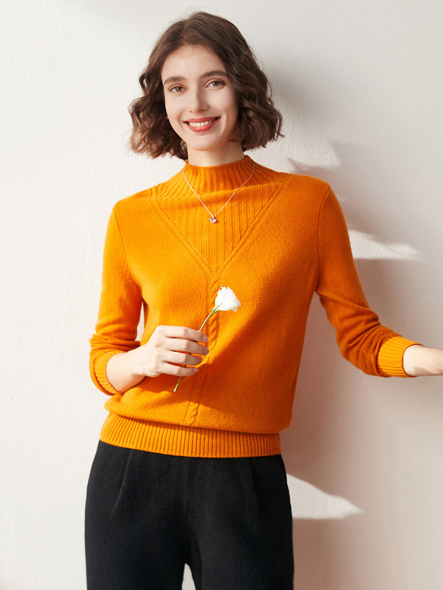 COMOBOCA 100% Cashmere Mock Neck Ribbed Knit Sweater