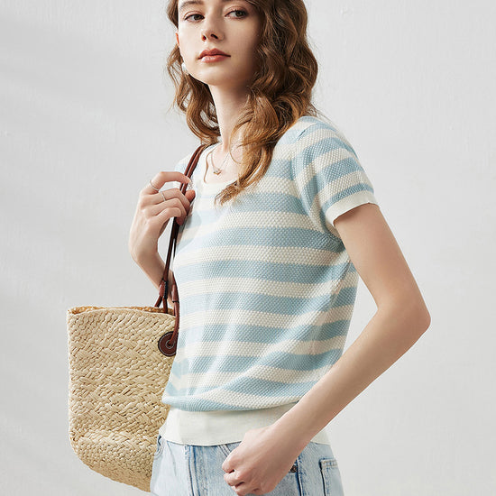 COMOBOCA Light Blue Women's Striped Ribbed Knit T-Shirt
